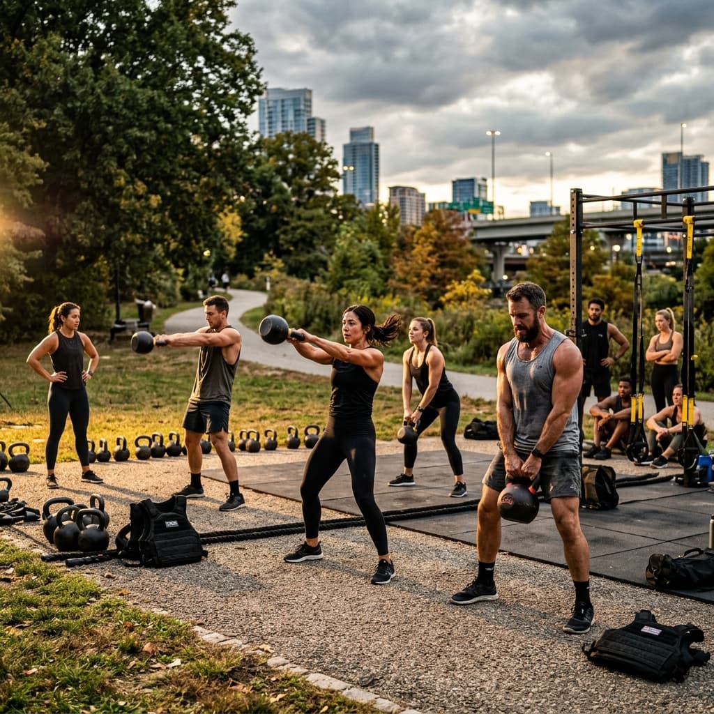 Clase de entrenamiento funcional al aire libre en un parque de Buenos Aires
